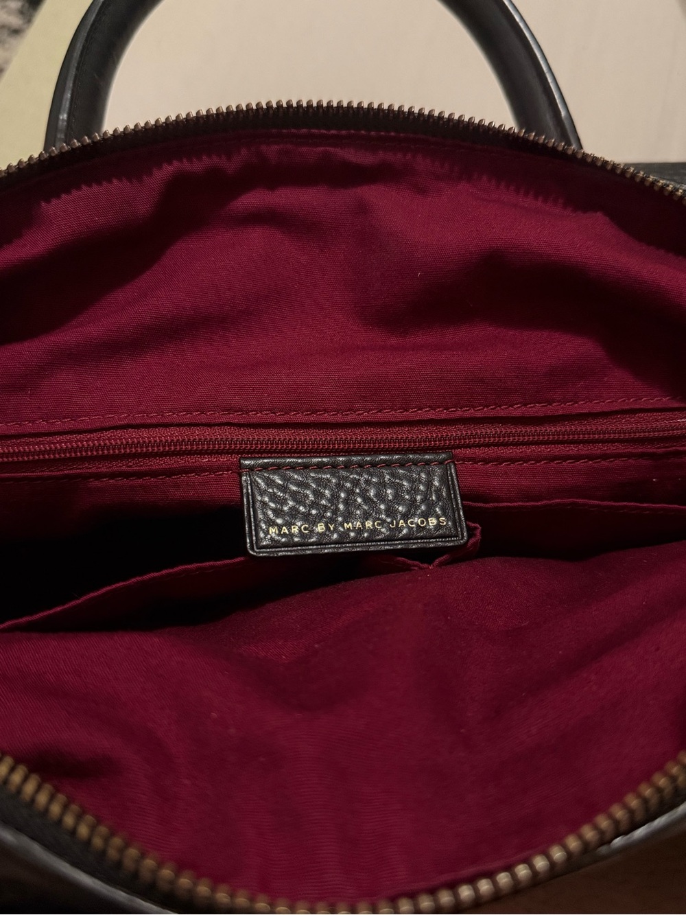 J. Crew Men's Black Leather Briefcase with Burgundy Interior